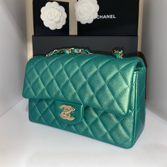 RARE NIB CHANEL IRIDESCENT GREEN CLASSIC MINI FLAP - Picture 7 of 17